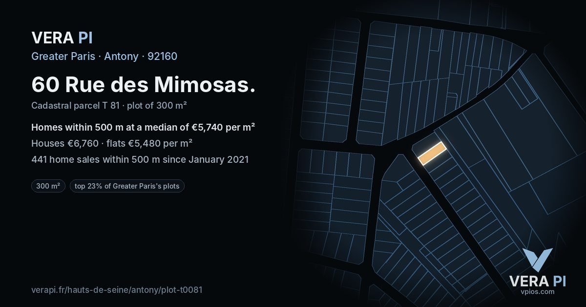 60 Rue des Mimosas, Antony at night – the plot lit, the parcels around coloured by the prices near them