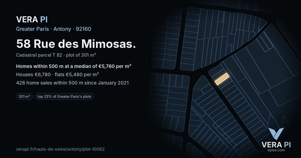 58 Rue des Mimosas, Antony at night – the plot lit, the parcels around coloured by the prices near them