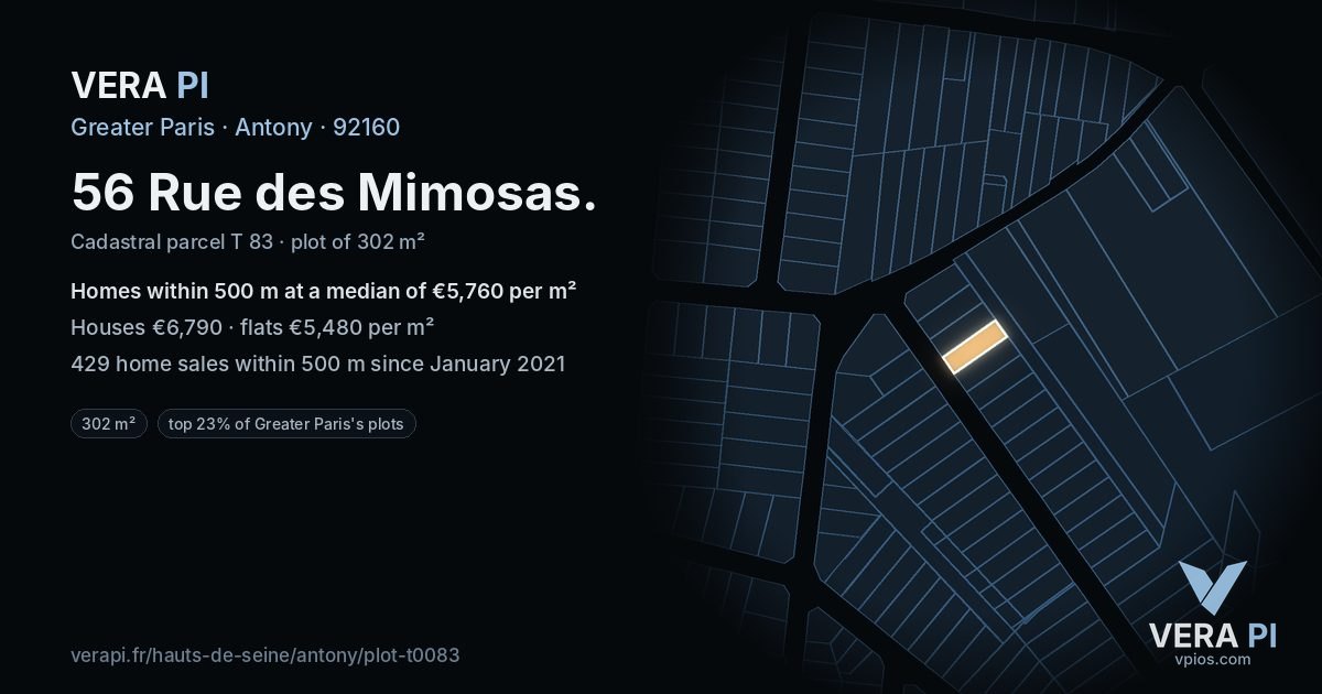 56 Rue des Mimosas, Antony at night – the plot lit, the parcels around coloured by the prices near them
