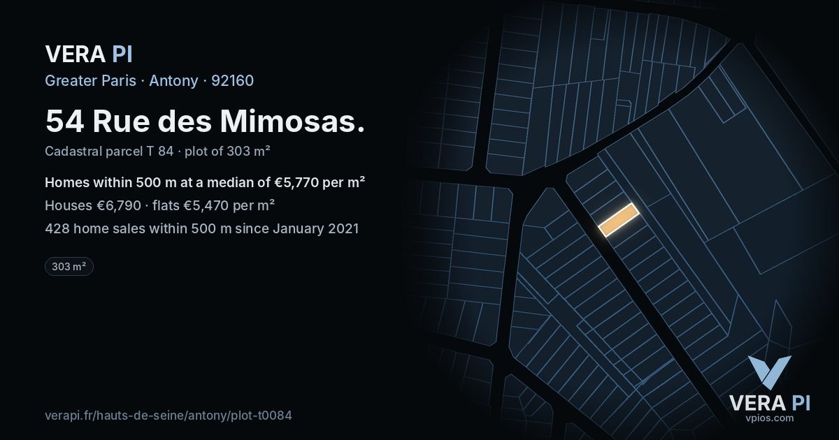 54 Rue des Mimosas, Antony at night – the plot lit, the parcels around coloured by the prices near them