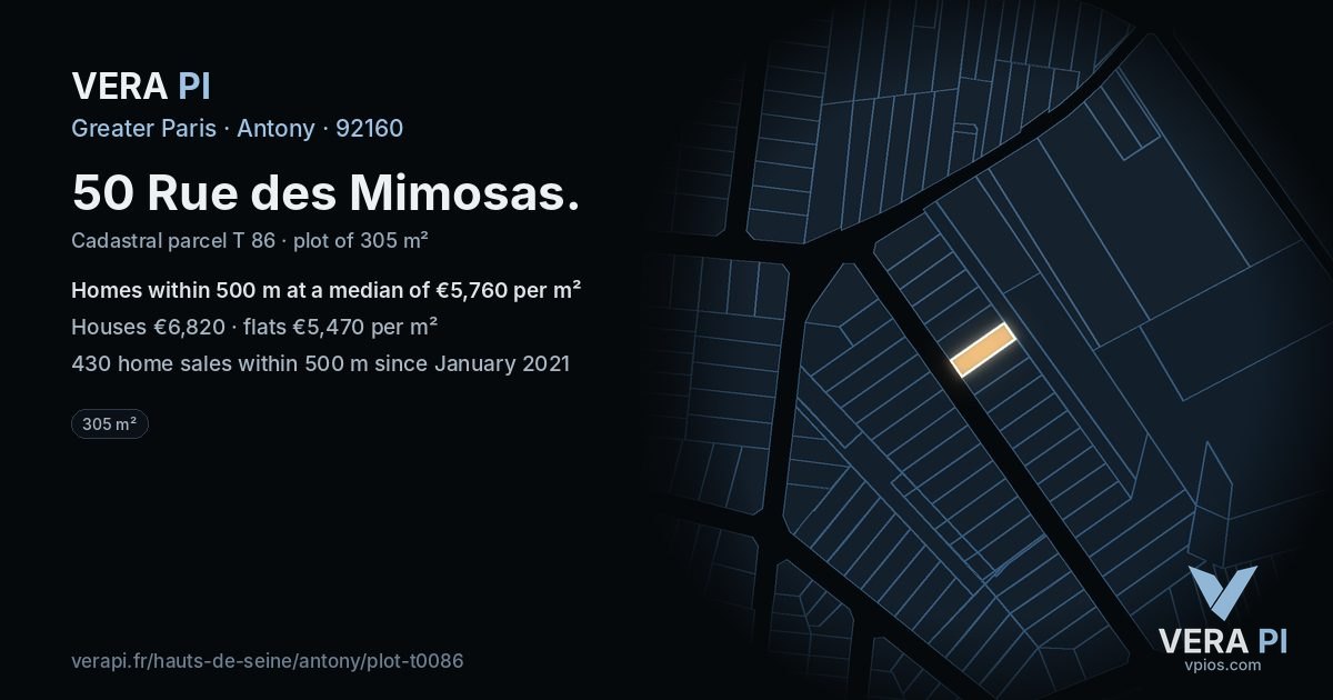 50 Rue des Mimosas, Antony at night – the plot lit, the parcels around coloured by the prices near them