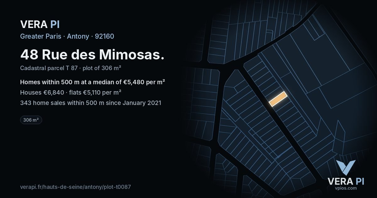 48 Rue des Mimosas, Antony at night – the plot lit, the parcels around coloured by the prices near them