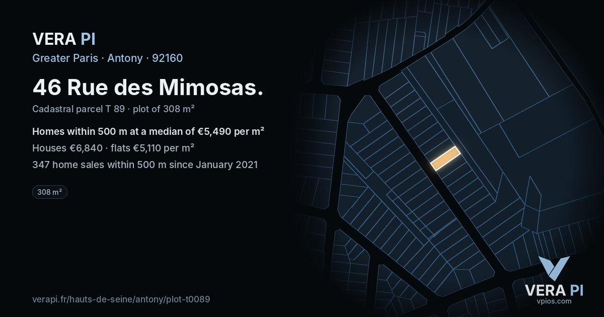 46 Rue des Mimosas, Antony at night – the plot lit, the parcels around coloured by the prices near them