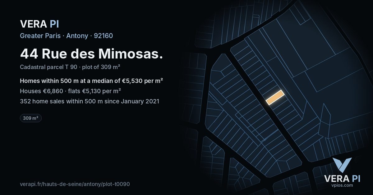 44 Rue des Mimosas, Antony at night – the plot lit, the parcels around coloured by the prices near them