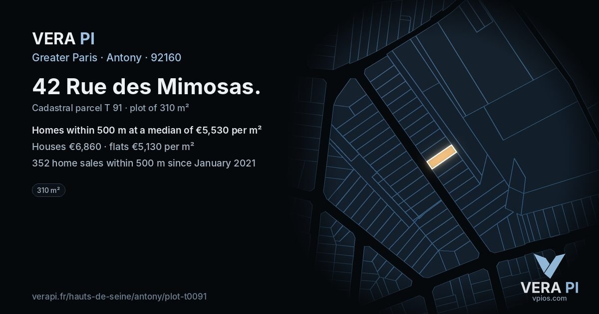 42 Rue des Mimosas, Antony at night – the plot lit, the parcels around coloured by the prices near them