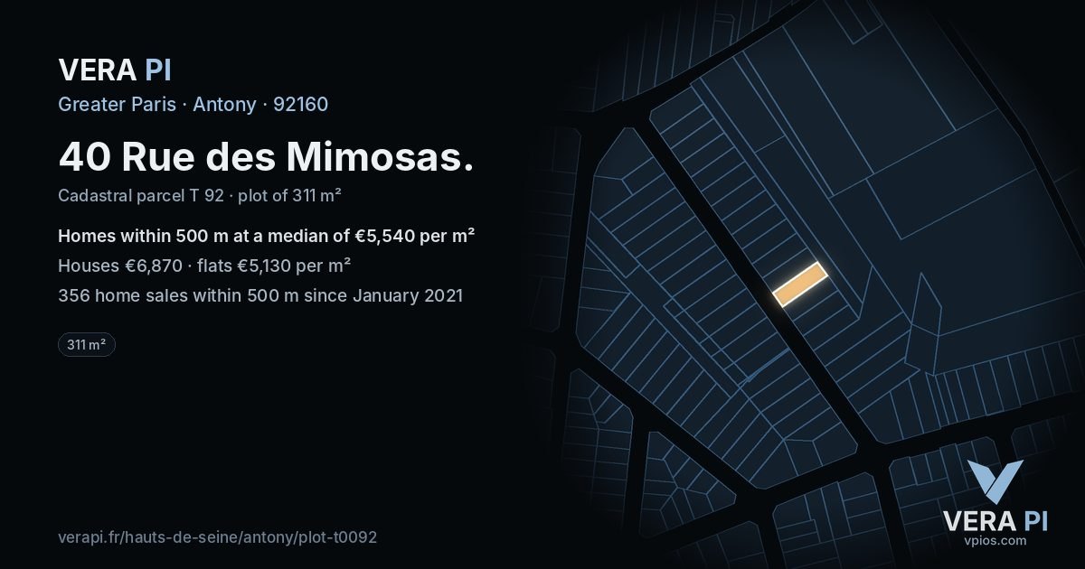 40 Rue des Mimosas, Antony at night – the plot lit, the parcels around coloured by the prices near them