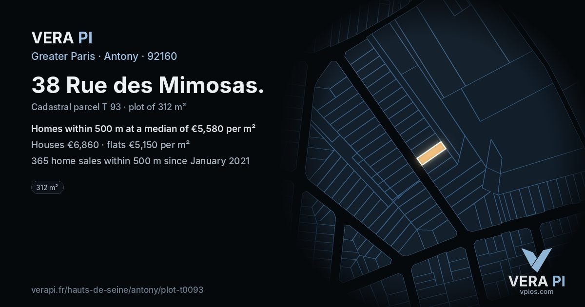 38 Rue des Mimosas, Antony at night – the plot lit, the parcels around coloured by the prices near them