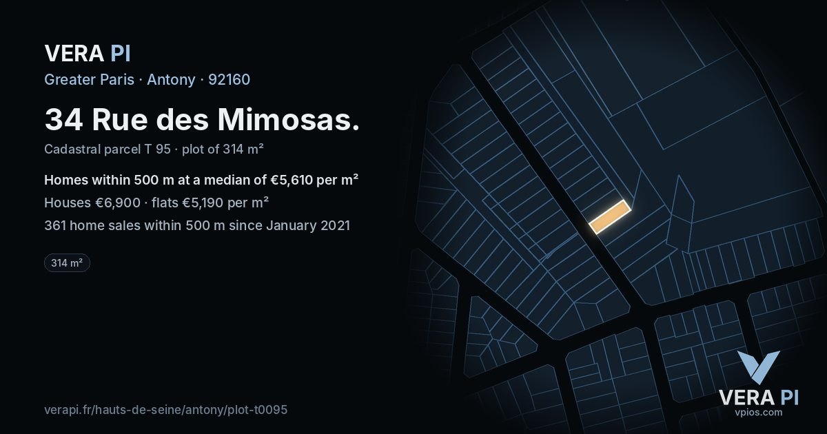 34 Rue des Mimosas, Antony at night – the plot lit, the parcels around coloured by the prices near them