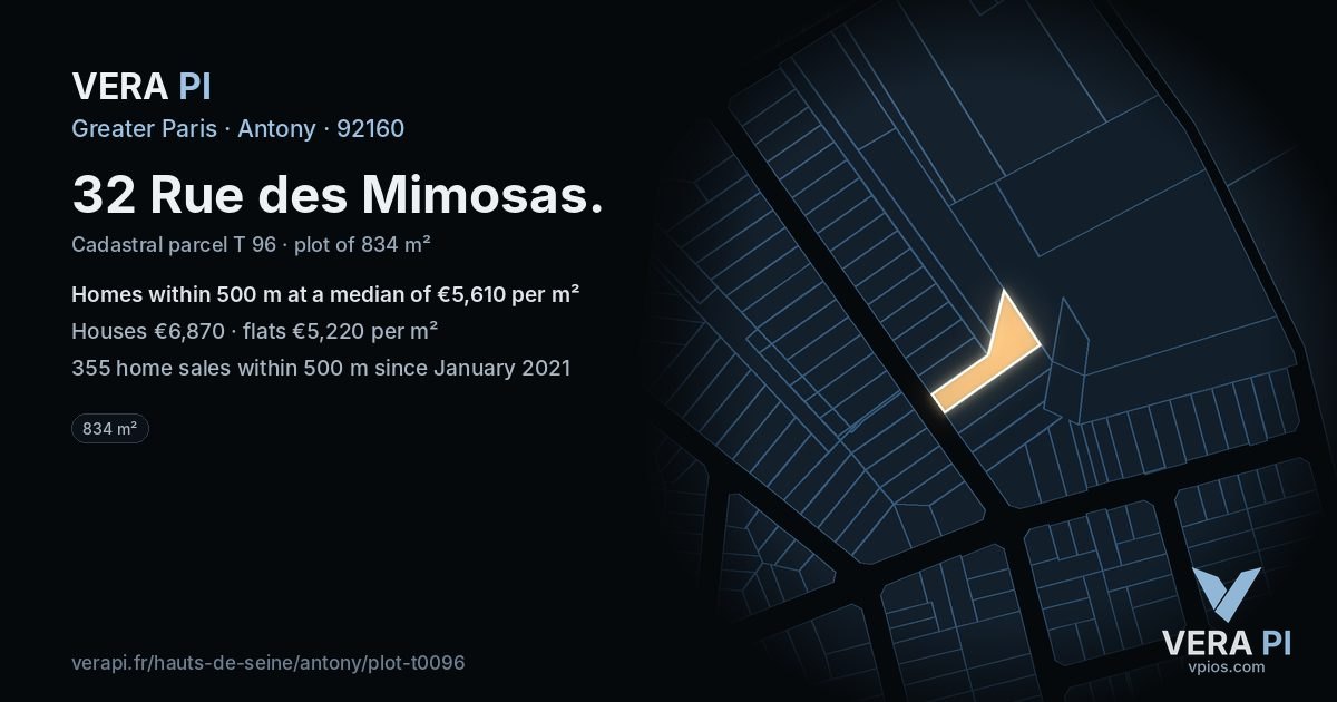 32 Rue des Mimosas, Antony at night – the plot lit, the parcels around coloured by the prices near them