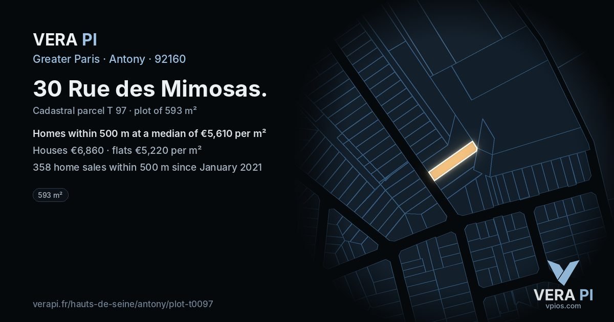 30 Rue des Mimosas, Antony at night – the plot lit, the parcels around coloured by the prices near them