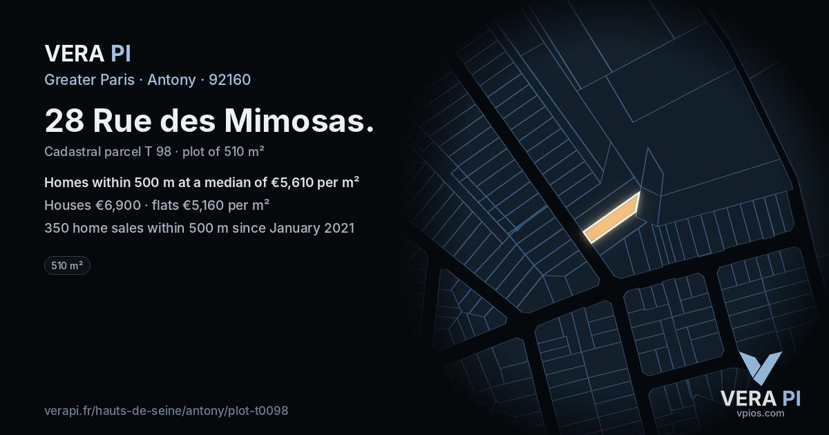 28 Rue des Mimosas, Antony at night – the plot lit, the parcels around coloured by the prices near them
