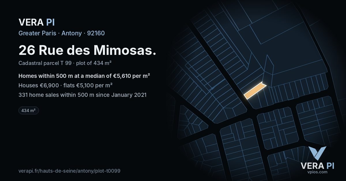 26 Rue des Mimosas, Antony at night – the plot lit, the parcels around coloured by the prices near them
