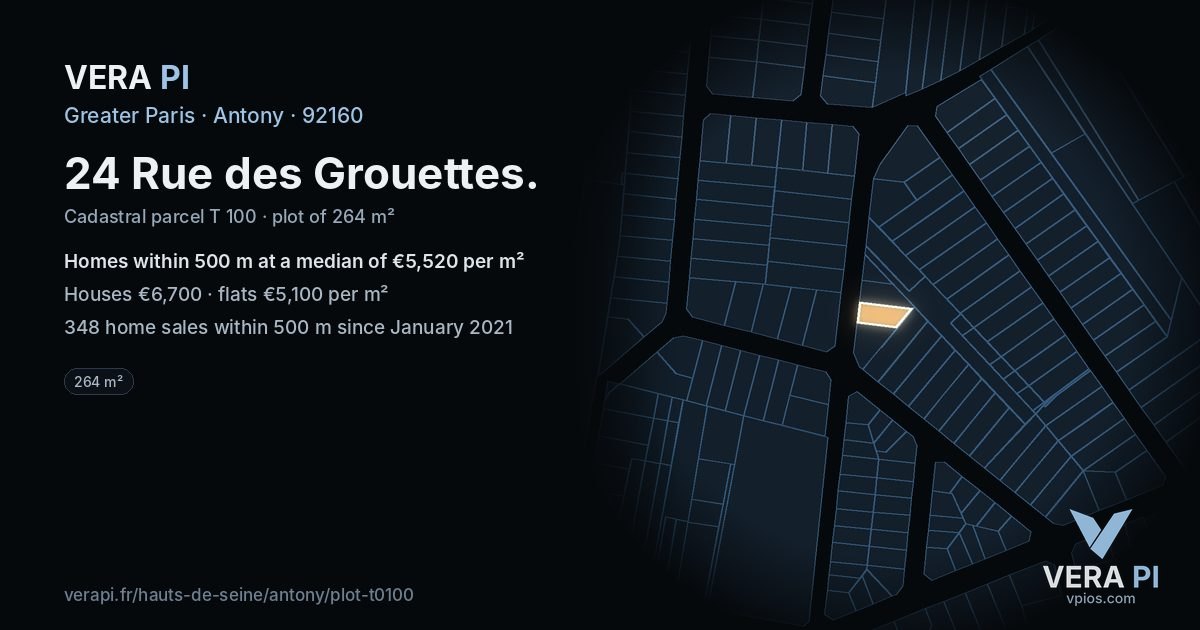 24 Rue des Grouettes, Antony at night – the plot lit, the parcels around coloured by the prices near them