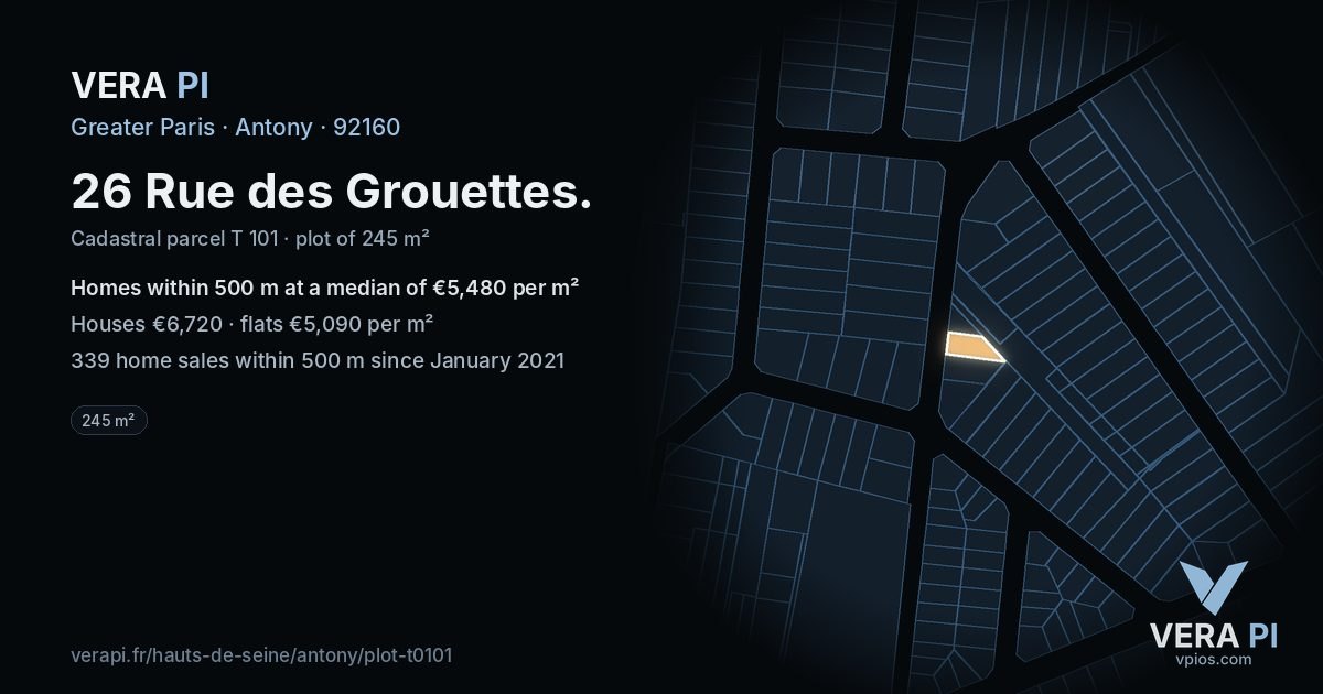 26 Rue des Grouettes, Antony at night – the plot lit, the parcels around coloured by the prices near them