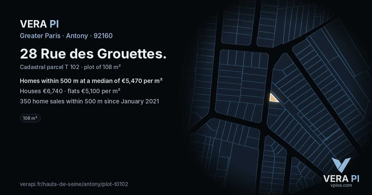 28 Rue des Grouettes, Antony at night – the plot lit, the parcels around coloured by the prices near them