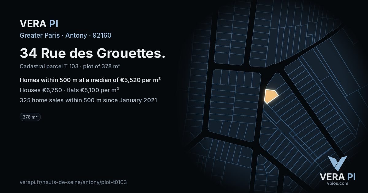 34 Rue des Grouettes, Antony at night – the plot lit, the parcels around coloured by the prices near them
