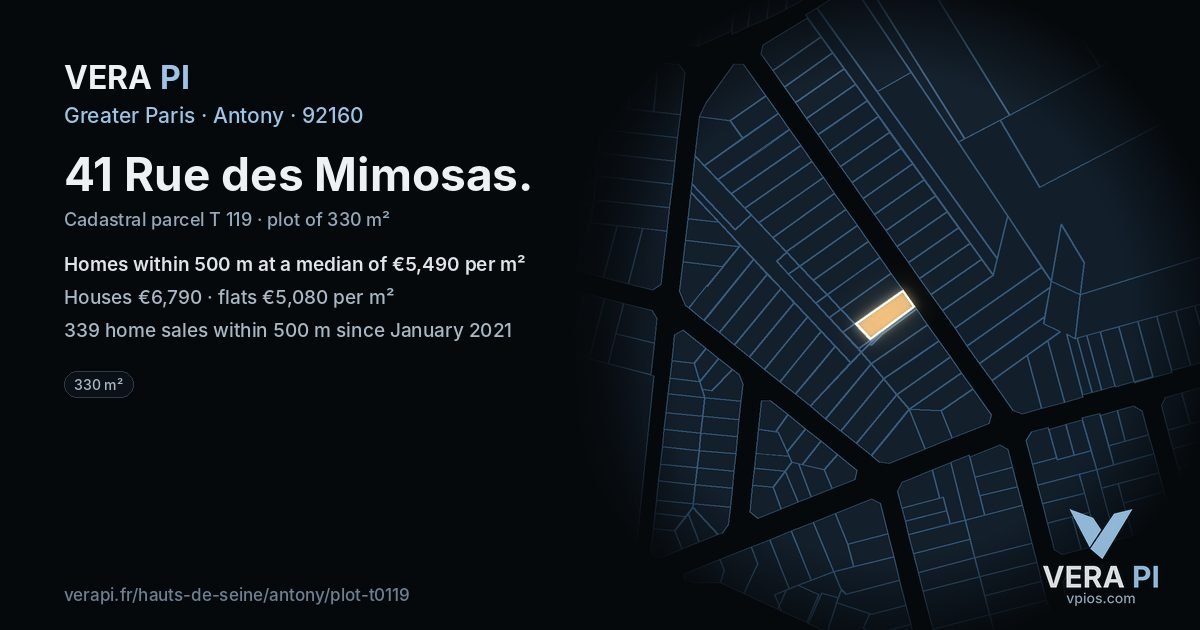 41 Rue des Mimosas, Antony at night – the plot lit, the parcels around coloured by the prices near them