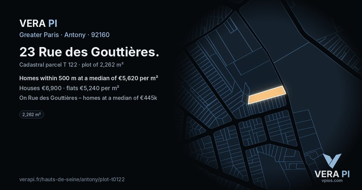 23 Rue des Gouttières, Antony at night – the plot lit, the parcels around coloured by the prices near them