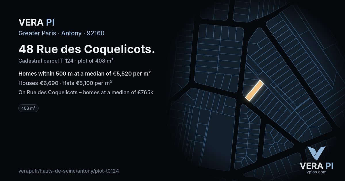 48 Rue des Coquelicots, Antony at night – the plot lit, the parcels around coloured by the prices near them