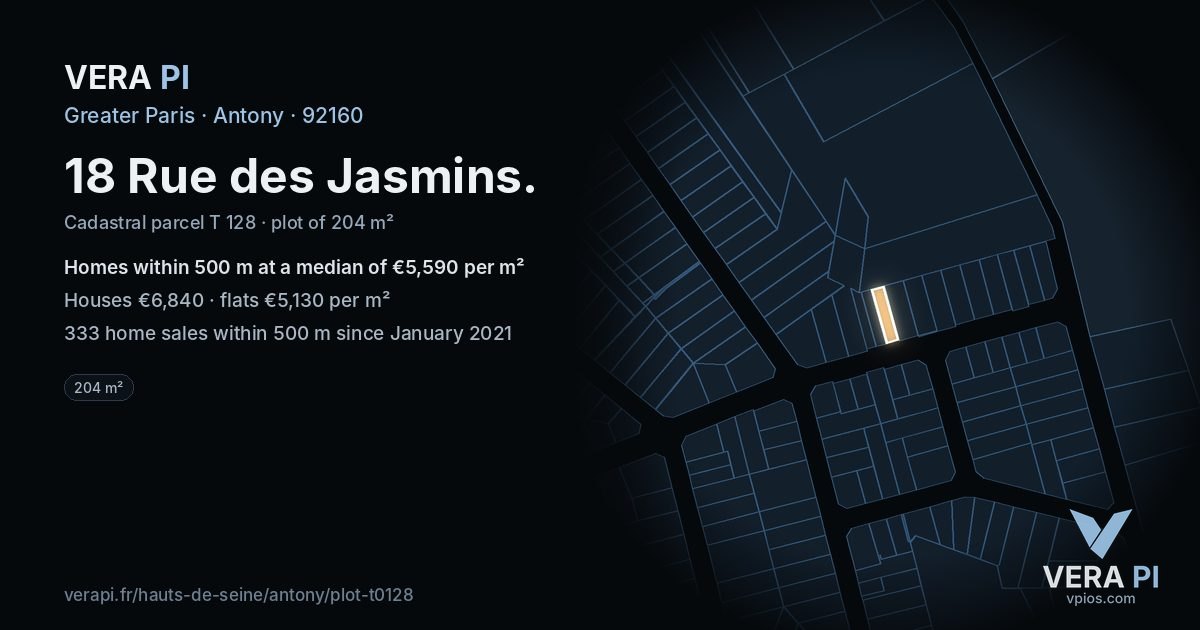18 Rue des Jasmins, Antony at night – the plot lit, the parcels around coloured by the prices near them