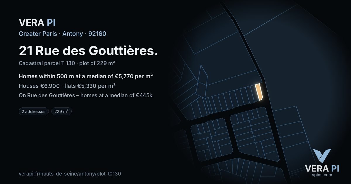 21 Rue des Gouttières, Antony at night – the plot lit, the parcels around coloured by the prices near them