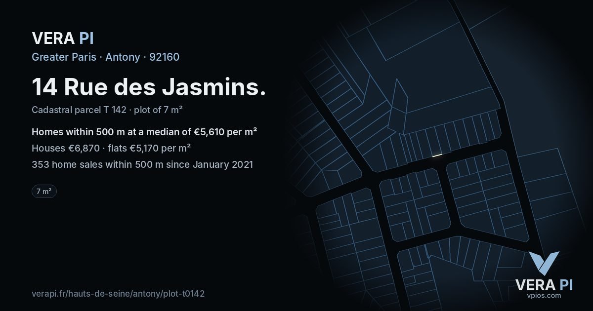 14 Rue des Jasmins, Antony at night – the plot lit, the parcels around coloured by the prices near them
