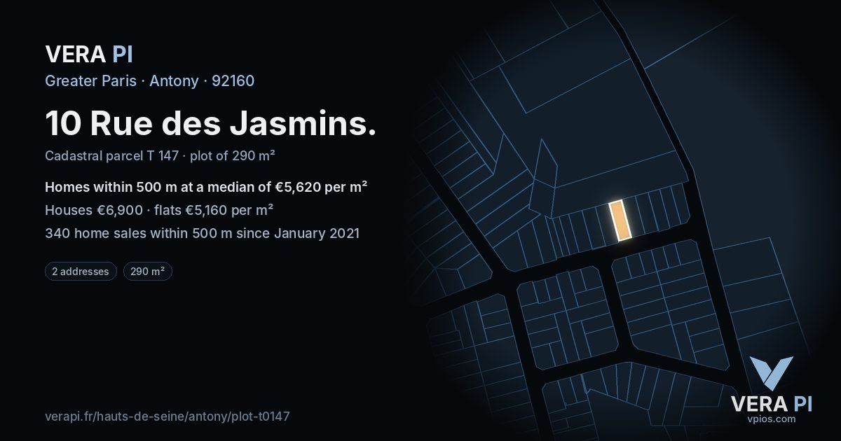 10 Rue des Jasmins, Antony at night – the plot lit, the parcels around coloured by the prices near them