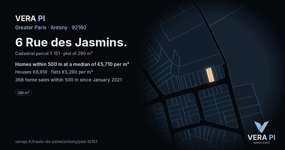 6 Rue des Jasmins, Antony at night – the plot lit, the parcels around coloured by the prices near them
