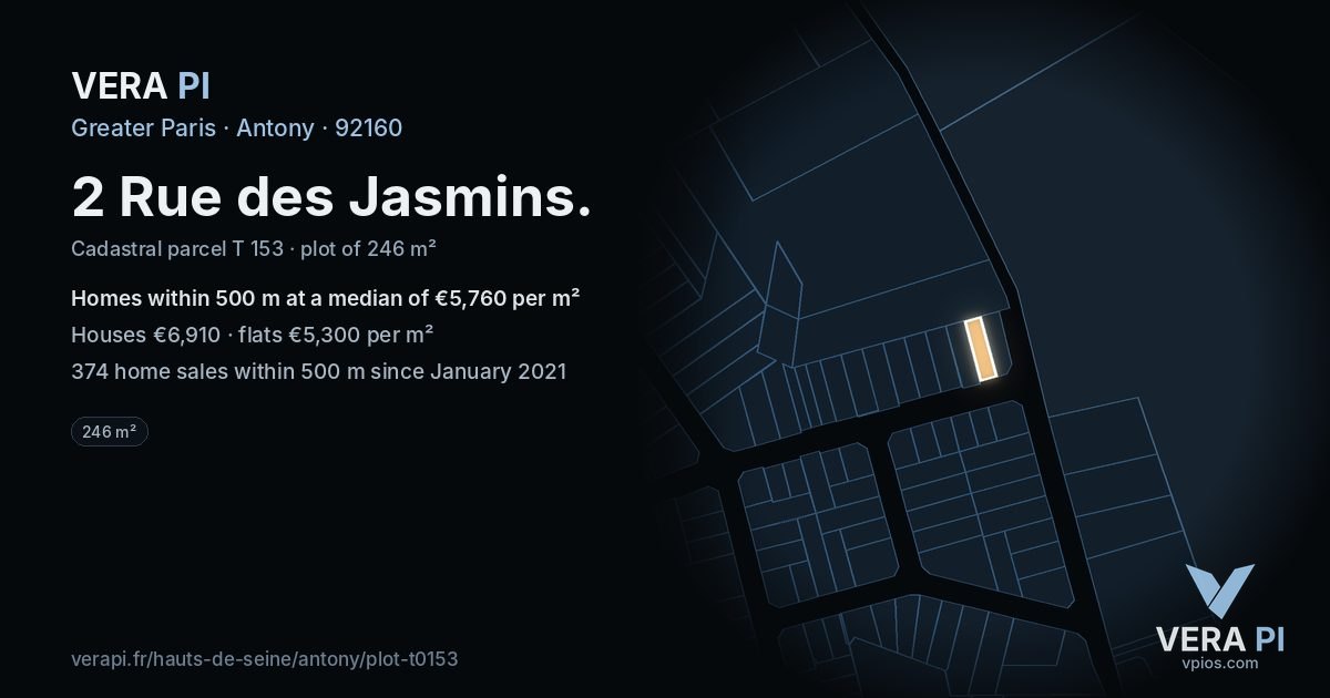 2 Rue des Jasmins, Antony at night – the plot lit, the parcels around coloured by the prices near them
