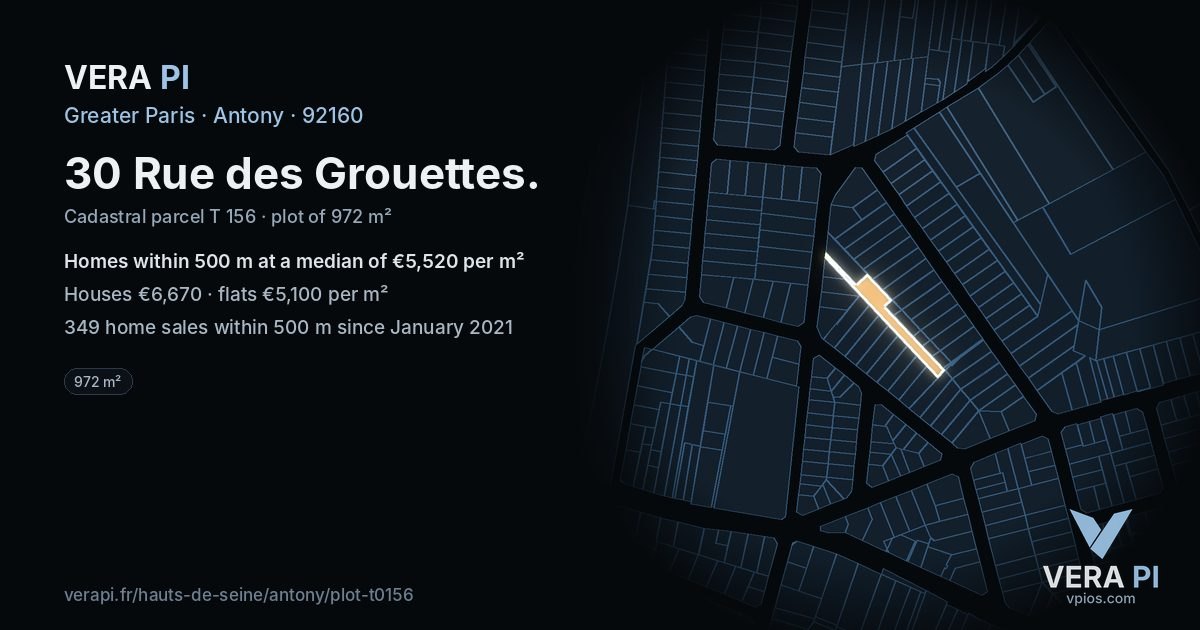 30 Rue des Grouettes, Antony at night – the plot lit, the parcels around coloured by the prices near them