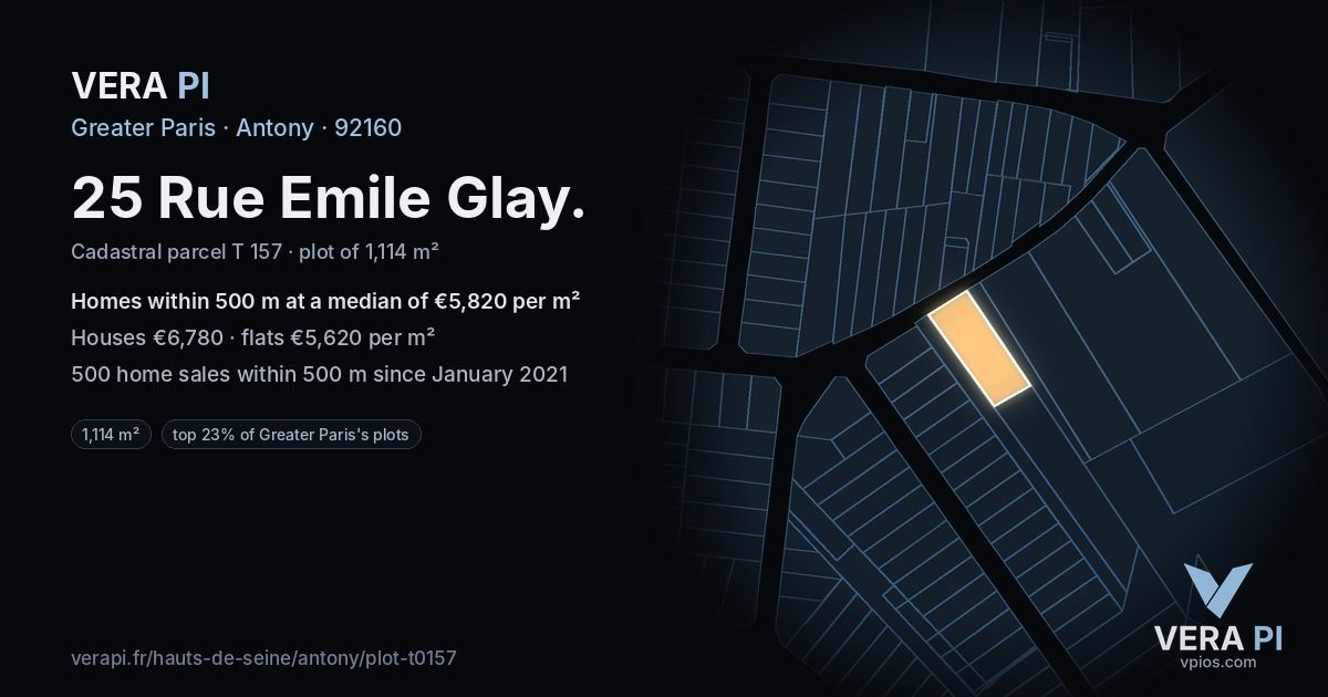 25 Rue Emile Glay, Antony at night – the plot lit, the parcels around coloured by the prices near them