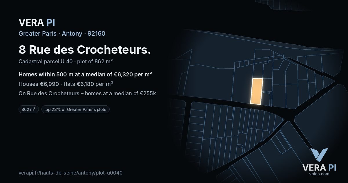 8 Rue des Crocheteurs, Antony at night – the plot lit, the parcels around coloured by the prices near them