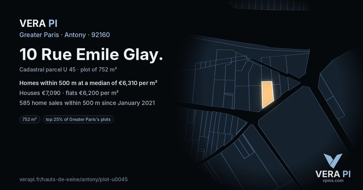 10 Rue Emile Glay, Antony at night – the plot lit, the parcels around coloured by the prices near them