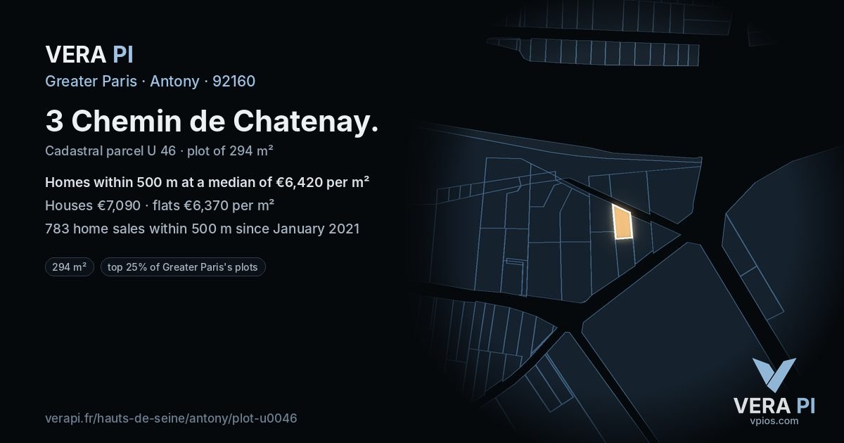 3 Chemin de Chatenay, Antony at night – the plot lit, the parcels around coloured by the prices near them