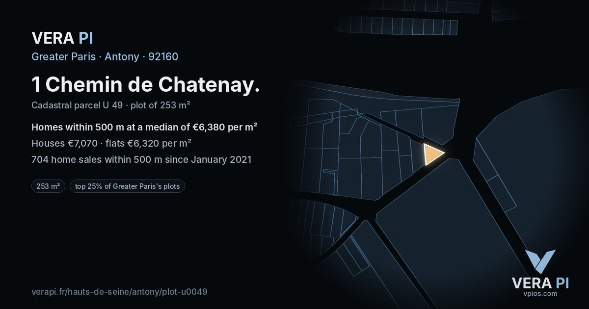 1 Chemin de Chatenay, Antony at night – the plot lit, the parcels around coloured by the prices near them