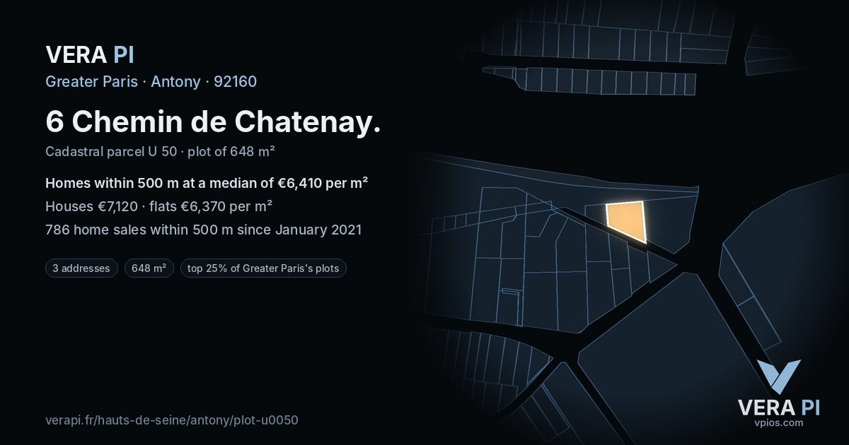 6 Chemin de Chatenay, Antony at night – the plot lit, the parcels around coloured by the prices near them