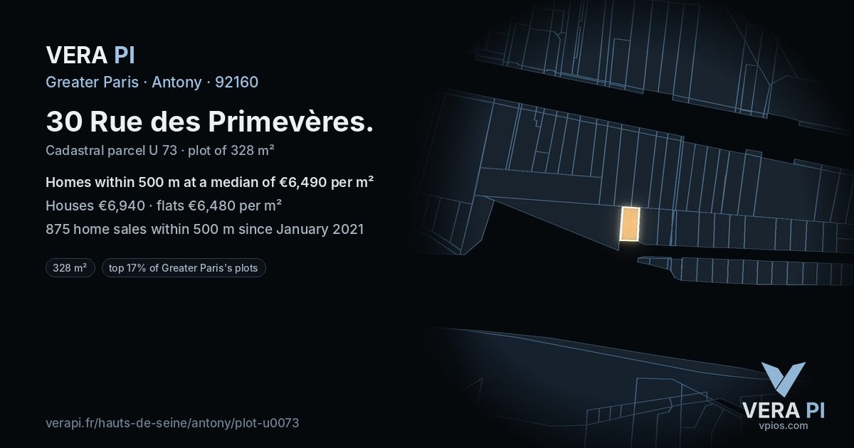 30 Rue des Primevères, Antony at night – the plot lit, the parcels around coloured by the prices near them