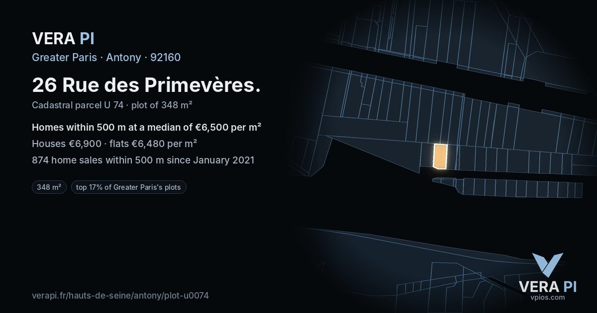 26 Rue des Primevères, Antony at night – the plot lit, the parcels around coloured by the prices near them