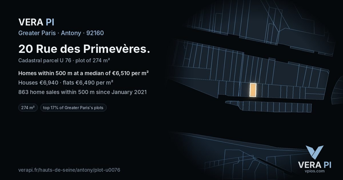 20 Rue des Primevères, Antony at night – the plot lit, the parcels around coloured by the prices near them