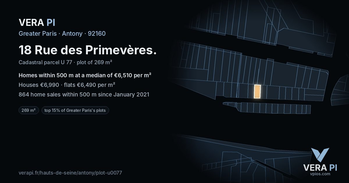 18 Rue des Primevères, Antony at night – the plot lit, the parcels around coloured by the prices near them