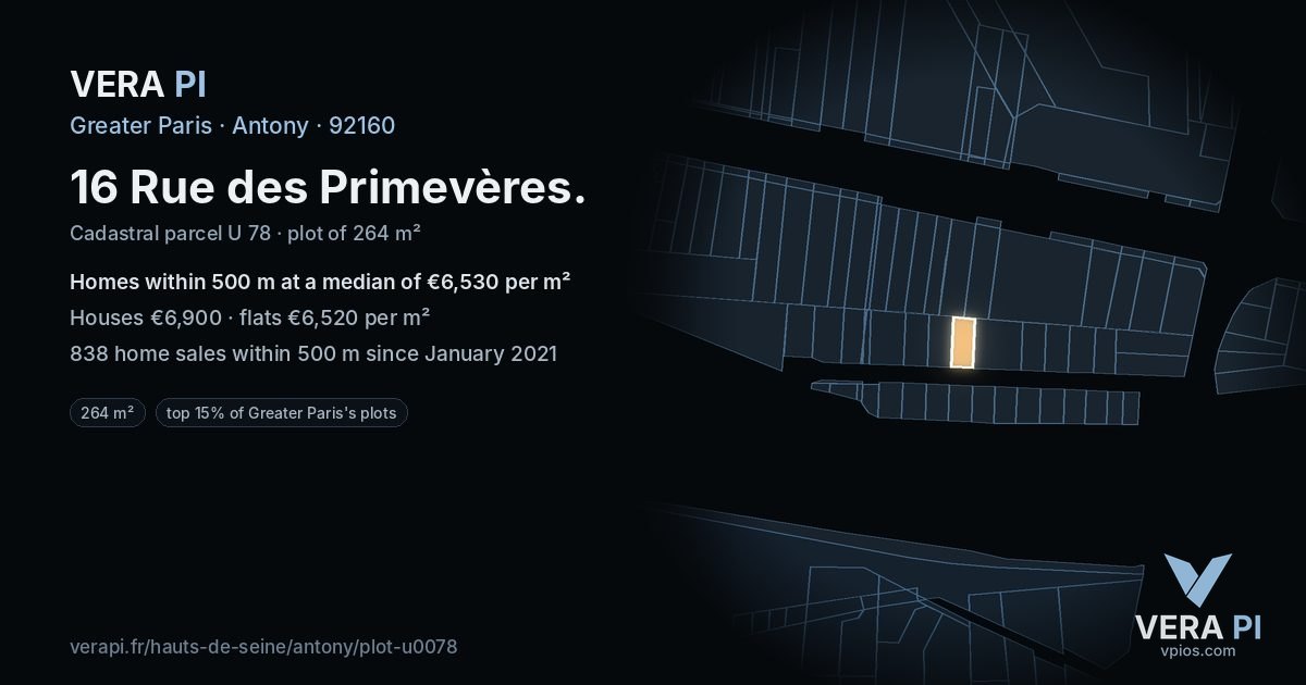 16 Rue des Primevères, Antony at night – the plot lit, the parcels around coloured by the prices near them