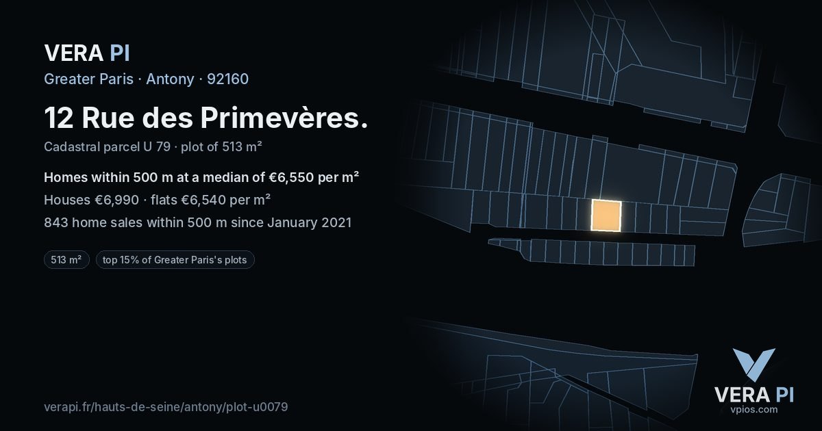 12 Rue des Primevères, Antony at night – the plot lit, the parcels around coloured by the prices near them