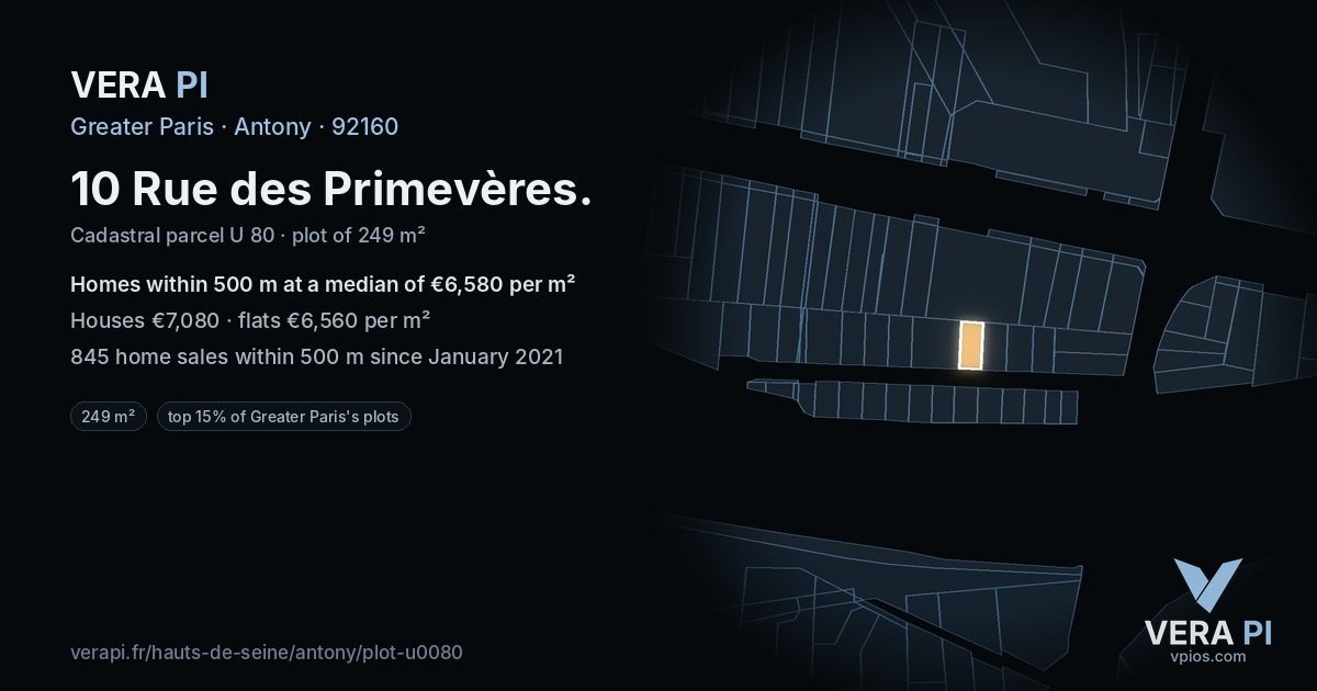 10 Rue des Primevères, Antony at night – the plot lit, the parcels around coloured by the prices near them