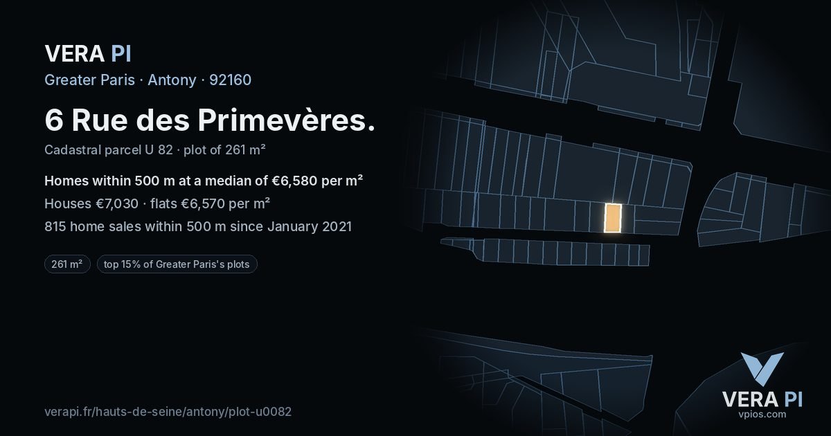 6 Rue des Primevères, Antony at night – the plot lit, the parcels around coloured by the prices near them