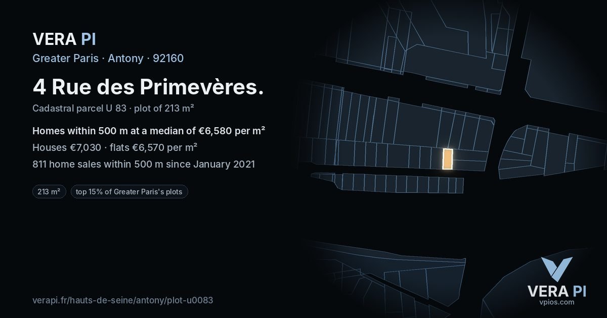 4 Rue des Primevères, Antony at night – the plot lit, the parcels around coloured by the prices near them
