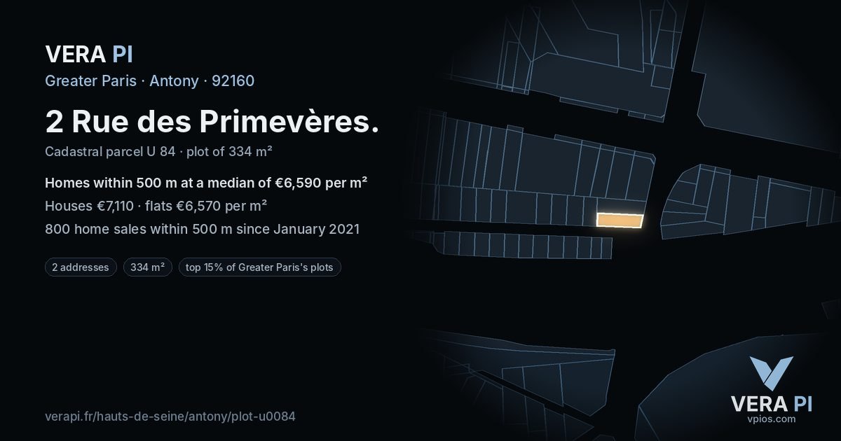 2 Rue des Primevères, Antony at night – the plot lit, the parcels around coloured by the prices near them
