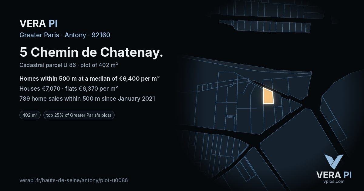 5 Chemin de Chatenay, Antony at night – the plot lit, the parcels around coloured by the prices near them