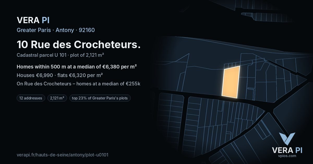 10 Rue des Crocheteurs, Antony at night – the plot lit, the parcels around coloured by the prices near them
