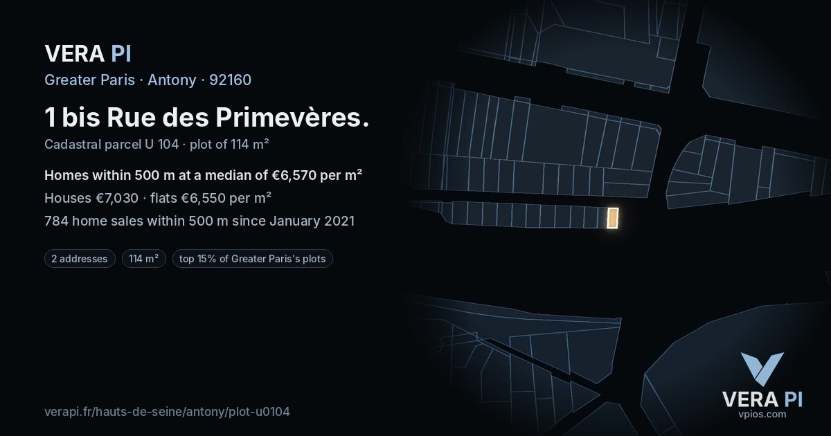 1 bis Rue des Primevères, Antony at night – the plot lit, the parcels around coloured by the prices near them