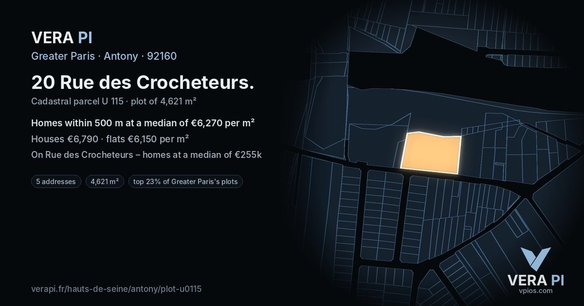 20 Rue des Crocheteurs, Antony at night – the plot lit, the parcels around coloured by the prices near them